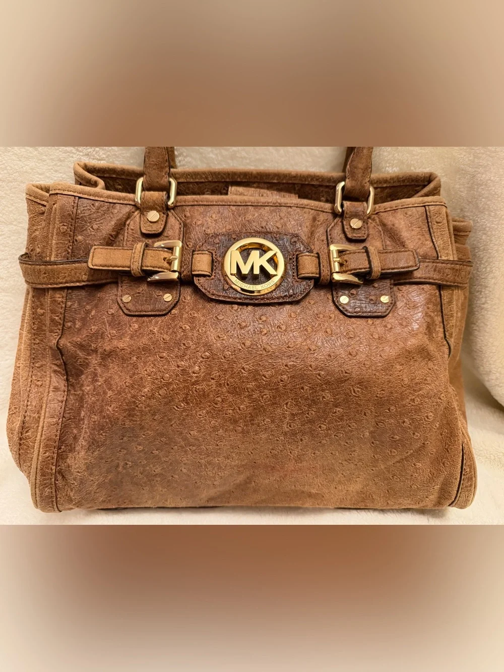 Michael Kors Hamilton Ostrich Embossed Satchel Bag & Zip Wallet Set Brown Tan